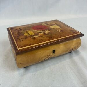 Swiss Reuge Small Musical Jewelry Box Italian Burl Wood w/ Floral Design NO KEY